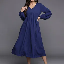 Varanga Solid Gathered Puff Sleeve Crepe A-Line Midi Dress-picture-18