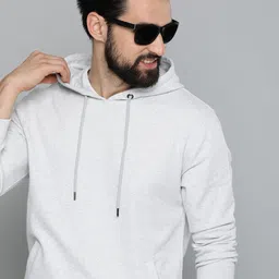 HERE&NOW Men White Solid Knitted Hooded Sweatshirt image 1