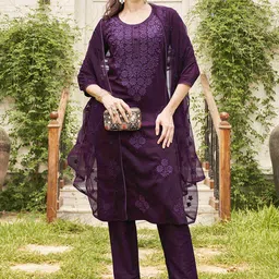 Tikhi Imli Women Floral Yoke Design Regular Thread Work Kurta with Trousers & With Dupatta-picture-22