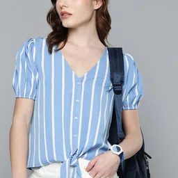 Harvard Blue & White V-Neck Striped Top-picture-17