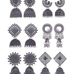 DIVASTRI Set Of 6 Silver-Plated Artificial Stones And Beads Dome Shaped Oxidized Jhumkas-image-94