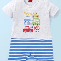 Babyhug Cotton Half Sleeves Romper Stripes & Car Print- Grey-picture-14