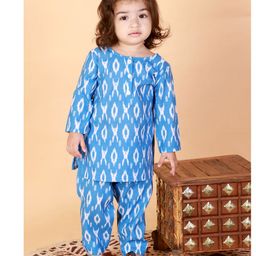 Vastramay Full Sleeves Ikat Printed Kurta & Pant - Aqua Blue-picture-48