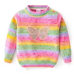 Babyhug Knitted Full Sleeves Pullover Sweater with Stripes Design & Sequin Butterfly Embroidery - Pink-picture-13
