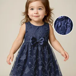 Babyoye Woven Sleevelss Mesh Party Dress with Bow Applique & Floral Embroidery - Navy Blue image 1