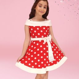 Cutecumber Cold Shoulder Polka Dots Printed Bow Applique Detailed Dress - Red-picture-26