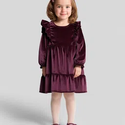 Bonfino Woven Full Sleeves Velour Solid Party Dress - Wine-image-48