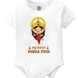 Baby Buzz 100% Cotton Knit Durga Puja Theme Half Sleeves My First Durga Puja Text Printed Onesie - White-picture-17