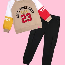 Kiddopanti Fleece Knit Full Raglan Sleeves Good Vibes Only Text Printed Light Winter Sweatshirt With Cargo Pants Set - Beige Yellow Coral & Black image 1