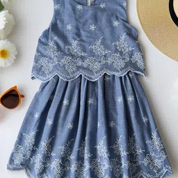 Bella Moda Cotton Woven Sleeveless Floral Embroidered Dress - Blue-picture-28