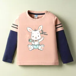 Tango Single Jersey Knit Full Sleeves T-Shirt & Lounge Pant Set with Bunny Print - Peach & Navy Blue image 2