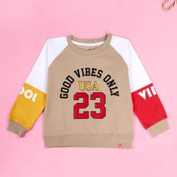 Kiddopanti Fleece Knit Full Raglan Sleeves Good Vibes Only Text Printed Light Winter Sweatshirt With Cargo Pants Set - Beige Yellow Coral & Black image 3