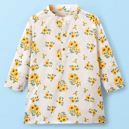 EARTHY TOUCH Cambric Woven Full Sleeves Kurta Dhoti Set With Floral Print - White image 2