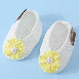 Funkrafts Handmade Crochet Floral Applique Detailed & Beads Embellished Booties & Headband Set - White & Yellow image 5