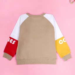 Kiddopanti Fleece Knit Full Raglan Sleeves Good Vibes Only Text Printed Light Winter Sweatshirt With Cargo Pants Set - Beige Yellow Coral & Black image 5