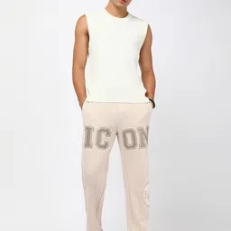 Bewakoof Men Ecru Melange Icon Graphic Printed Oversized Track Pants image 4