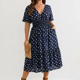 TASHVIKA'S Polka Dot Print Crepe A-Line Midi Dress-image-0