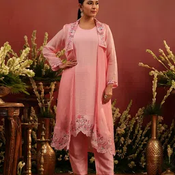 SCAKHI Embroidered Round Neck Organza Silk Tunic & Trousers With Shrug Co-Ords-image-37