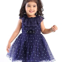 Babyhug Sleeveless Lace & Polka Dots Detailing Fit & Flare Party Frock - Dark Blue-picture-28
