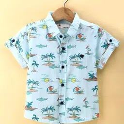 Dew Drops Poplin Knitted Half Sleeves Beach Theme Printed Shirt - Aqua Blue-picture-14