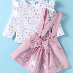 ToffyHouse Interlock Knit Unicorn Embroidered Frock With Full Sleeves Inner Tee With Floral Print - Pink-image-4