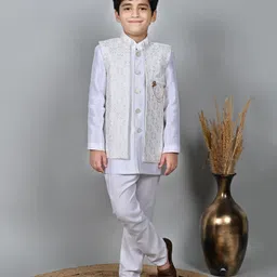 BT DEZINES Sequin Embellished & Abstract Embroidered Jacket With Sherwani Set With Trousers - White & Gold-picture-10