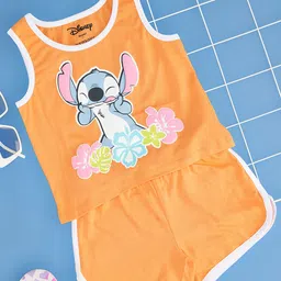 Pantaloons Junior Cotton Knit Disney Featuring Half Sleeves Lino Stitch Character Printed Coordinating Night Wear Set - Orange-picture-23