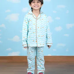 Polka Tots Cotton Woven Full Sleeves Fishes Printed Coordinating Night Suit Set - Light Blue-picture-13