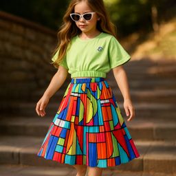 OLLINGTON ST. Cotton Knit Half Top & Pleated Georgette SkirtSet with Print - Lime & Multicolor-picture-44