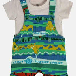MINI KLUB Cotton Knit Giraffes Printed Dungaree With Half Sleeves Tee - Green-picture-35