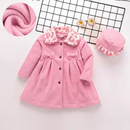 Mark & Mia Full Sleeves Collared Front Open Winter Frock with Bow Applique & Cap - Pink-picture-14