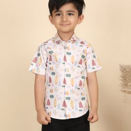Polka Tots Cotton Woven Half Sleeves Trees Printed Shirt - Off White-picture-1
