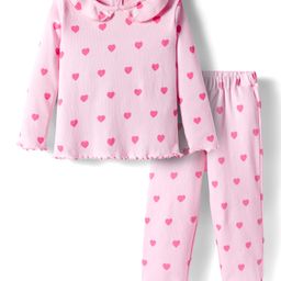 Babyhug Cotton Knit Full Length Co-ords Night Suit With Heart Print - Pink-picture-48