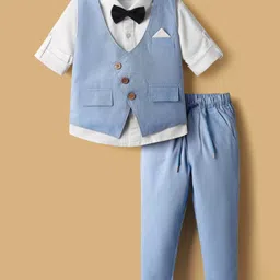 Rikidoos Full Sleeves Striped 3 Piece Party Suit With Bow Set - Light Blue & White-picture-27