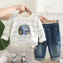 Googo Gaaga Cotton Knit Full Sleeves Cap Printed Light Winter Sweatshirt With Jeans Set - Cream image 1