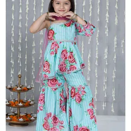 KID1 Cotton Woven Three Fourth Sleeves Floral Printed & Lace Embellished Coordinating Kurti Sharara With Dupatta Set - Turquoise-picture-22
