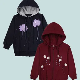 Kiddopanti Fleece Knit Pack Of 2 Full Sleeves Floral Embroidered Sequins Embellished Light Winter Hooded Sweatjacket - Maroon & Navy Blue-picture-21
