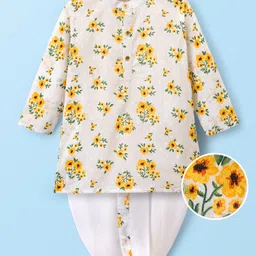 EARTHY TOUCH Cambric Woven Full Sleeves Kurta Dhoti Set With Floral Print - White-picture-25