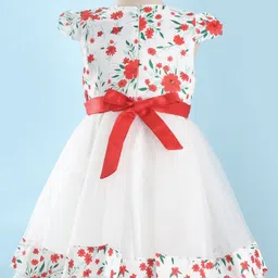 Mark & Mia Cap Sleeves Partywear Frock With Floral Print & Bow Applique - White & Red image 3
