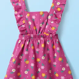 Babyhug Cotton Knit Half Sleeves Frock & Inner Tee with Floral Print & Frill Detailing - Dark Pink image 5