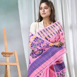 TANTLOOM  Pure Cotton Ethnic Motifs woven design Zari Handloom Jamdani Saree-image-20