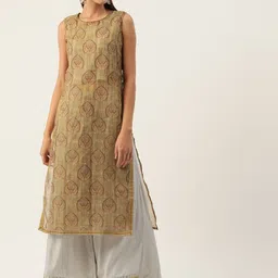 Rue Collection Ethnic Motifs Printed Regular Chanderi Cotton Kurta with Palazzos-picture-42