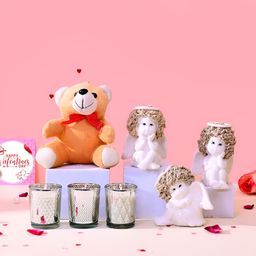 TAYHAA White & Brown 7 Pieces Angel Figurine Showpiece With Candles And Teddy Gift Set-picture-25