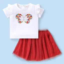 Babyhug Single Jersey Knit Half Frill Sleeves Top and Skirt With Butterfly Embroidery- White & Red-picture-14