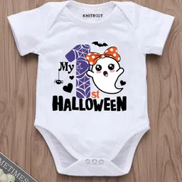 KNITROOT Halloween Theme Half Sleeves My 1St Halloween Text Printed Onesie - White image 1