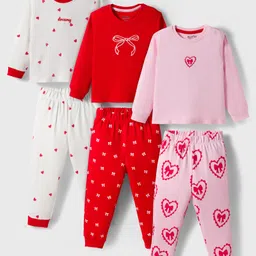 Bonfino 100% Cotton Knit Full Sleeves Night Suits with Heart & Bow Print Pack of 3 - Red White & Light Pink-picture-35
