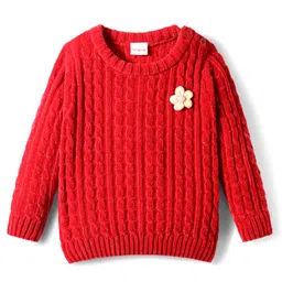 Babyhug Knit Full Sleeves Pullover Sweater With Floral Applique - Red-picture-24