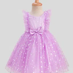 Babyhug Frill Sleeves Stars Foil Printed & Bow Detailing Fit & Flare Mesh Party Dress - Purple image 1