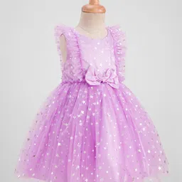 Babyhug Frill Sleeves Stars Foil Printed & Bow Detailing Fit & Flare Mesh Party Dress - Purple image 2