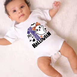 KNITROOT Halloween Theme Half Sleeves My 1St Halloween Text Printed Onesie - White image 4